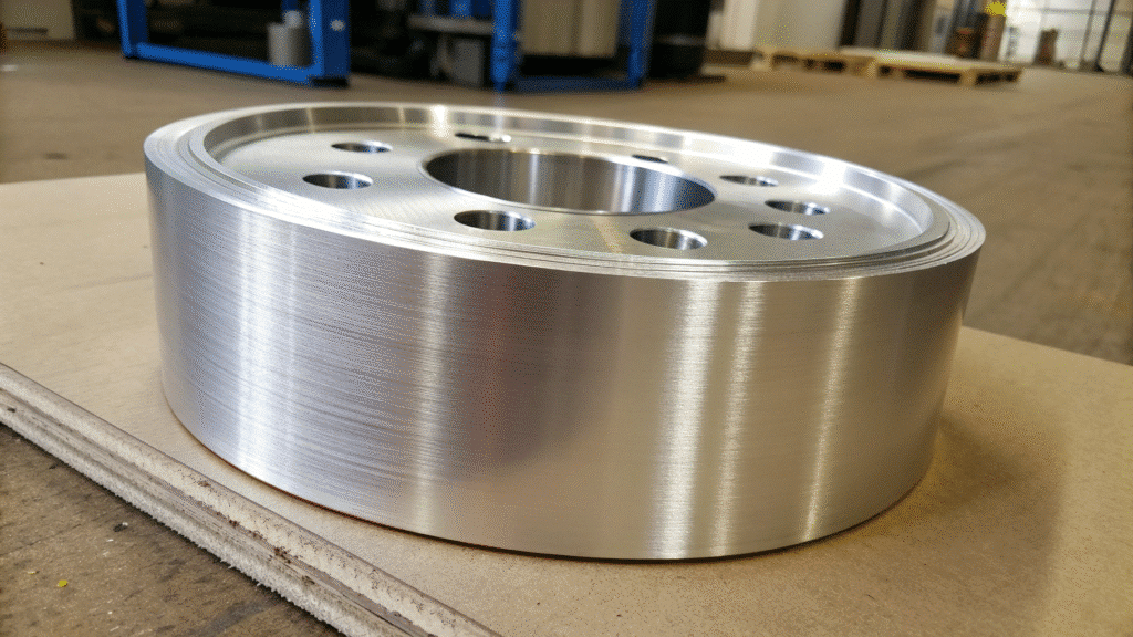 An engineer reviewing ISO documentation next to a stack of aluminum discs.